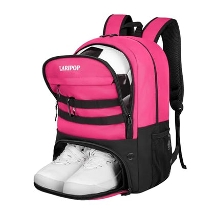 LARIPOP Soccer Backpack with Ball Holder & Shoe Compartment Large Capacity Youth Sports Bag for Training - color: Pink