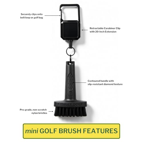SmileyGolf Mini Golf Brush - Retractable Groove Cleaner with Carabiner Clip, 20" Extendable Cord, Non-Scratch Nylon Bristles, Pocket-Sized Pro-Tested for Irons, Wedges