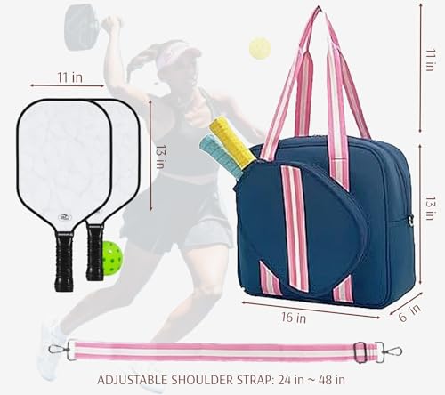 Pickleball Sports Tote Bag with Racket Holder, Neoprene, Adjustable Shoulder Strap - color: Navy Blue