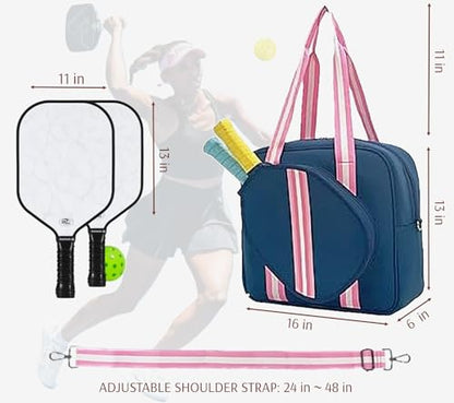 Pickleball Sports Tote Bag with Racket Holder, Neoprene, Adjustable Shoulder Strap - color: Navy Blue
