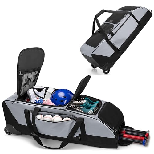 GOBUROS Rolling Baseball Softball Bag with Wheels for 4 Bats, Baseball Duffle Bag with Separate Shoe Space and Multiple Pockets for Softball Equipment, Gray