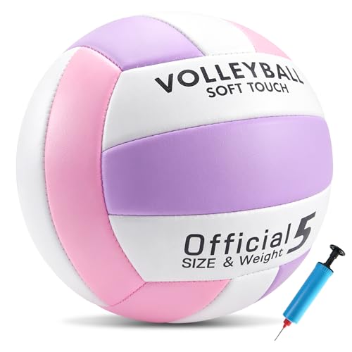 Soft Volleyball Official Size 5 for Indoor Outdoor Beach Sand Play Pool Gym Training, Soft Touch Thicker PU Volleyball with1 Ball Pump & 1 Air Needles for Adult - color: Pink Purple White