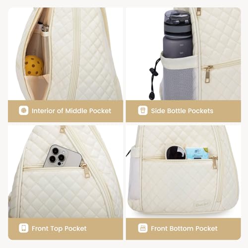Women's Pickleball Backpack - Quilted Crossbody Sling Bag for Tennis & Pickleball Paddle - color: Beige, size: Medium