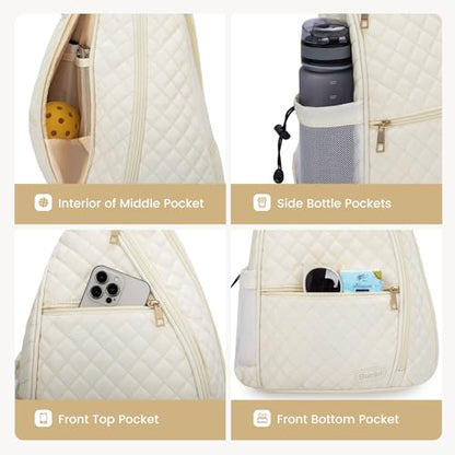 Women's Pickleball Backpack - Quilted Crossbody Sling Bag for Tennis & Pickleball Paddle - color: Beige, size: Medium