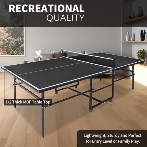 IUNNDS Portable Table Tennis Table 6/8/8.5/9FT Foldable Ping Pong Game Set for Indoor with Net and Post Set, 2 Paddles and 3 Balls - color: Black-8.5FT