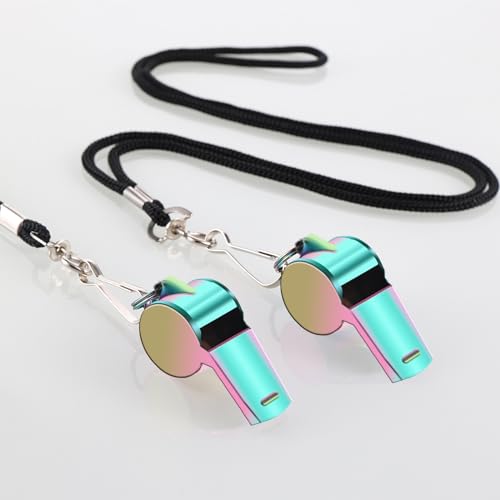 DIVINA VITAE 2Pack Coach Whistle with Lanyard Stainless Steel Metal Whistle Colorful Coach Whistle Bulk Loud Sports Whistle for Teachers, Coaches, Referees, Emergency