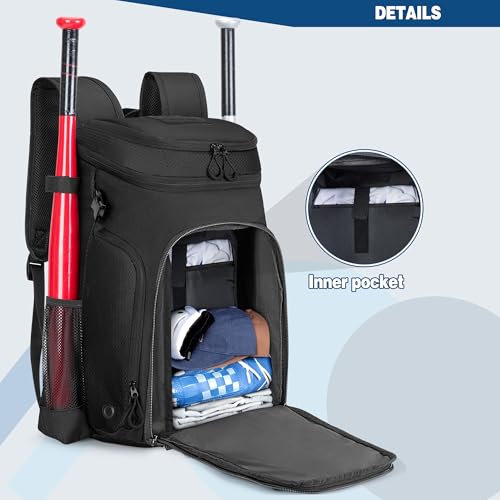 Smasrob Baseball Bag for Adult and Youth, Baseball Backpack Softball Bag with Helmet Holder, Shoe Compartment and Fence Hook - color: Black