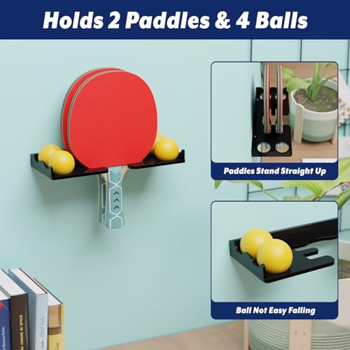 Cosmos Table Tennis Paddle Holder Ping Pong Paddle Wall Mount Shelf Rack Ping Pong Racket Display Stand Holding 2 Pcs Paddles and 4 Balls for Storing in Recreation Room Game Court - color: Solid Black