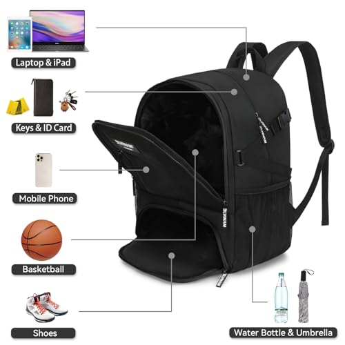 Basketball Backpack with Ball Holder & Shoe Compartment, Large Sports Bag for Men Women, Water Resistant Gym Backpack for Soccer, Football, Volleyball – Black