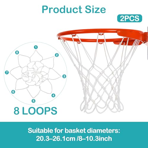 2Pack 8 Loops Mini Basketball Net Replacement, Heavy-Duty Nylon Little Small Basketball Net for Indoor Door Room Walls 8"-10.25" Hoop