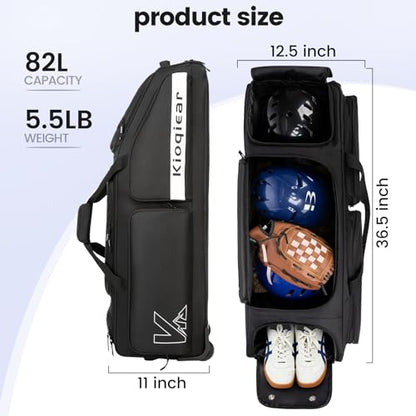 Catchers Gear Bag with Wheels for 4 Bats, Rolling Baseball Softball Bag With Multi-Pockets, Fence Hook, Holds All Baseball Equipment. - color: Black