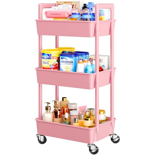 Pipishell 3 Tier Rolling Cart Organizer, Plastic Rolling Cart with Lockable Wheels & Reinforced Handle, Lightweight Utility Storage Cart for Nursery, Kitchen, Craft Room, Pink - color: Pink, size: 3-Tier