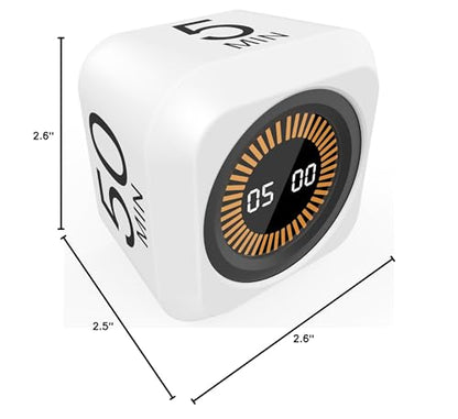 Rotating Cube Visual Pomodoro Timer 5, 25, 10 50 Minutes Preset + Custom Countdown, Rechargeable Desk Productivity Flip Timer with Detachable Silicone Cover for ADHD Study Work Kitchen School (White) - color: White