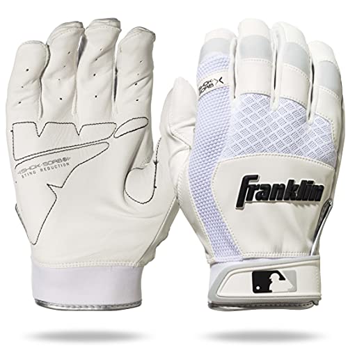 Franklin Sports MLB Baseball Batting Gloves - Shok-Sorb X Batting Gloves for Baseball + Softball - Adult + Youth Padded Non-Sting Batting Glove Pairs - Multiple Colors + Sizes - color: White/White, size: Adult Medium
