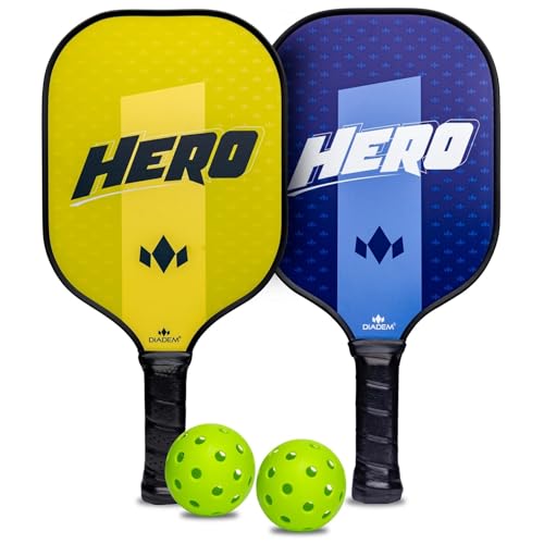Diadem Hero V2 Complete Pickleball Starter Kit | 2 Lightweight Fiberglass Pickleball Paddles, 2 USAPA Approved Pickleballs & Mesh Carry Bag | Beginner-Friendly Wide Face & Durable Design