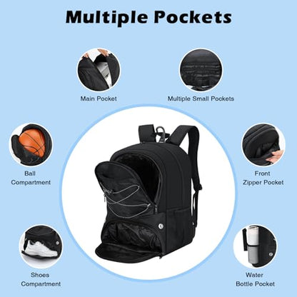 MoKo Basketball Bag Backpack, Volleyball Soccer Backpack for Men & Women with Separate Ball and Shoes Compartments, Water-Resistant, Fence Hook, Sports Bag for Clothes, Shoes, Tablets, Laptops, Black - color: Black