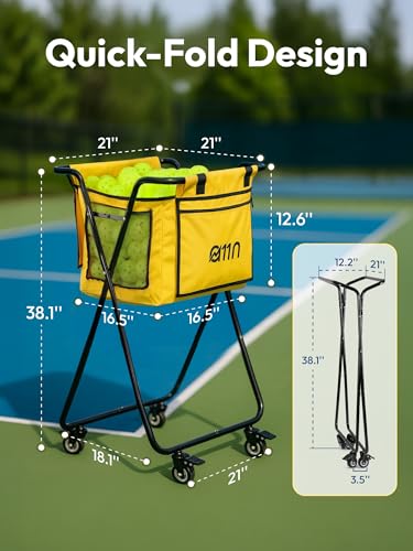 A11N SPORTS Pickleball Tennis Balls Hopper with Side Pocket – Holds 140 Pickleballs or 180 Tennis Balls, Pickleball Caddy with 4 Swivel Wheels, Foldable Frame & Detachable Bag for Training or Coaching
