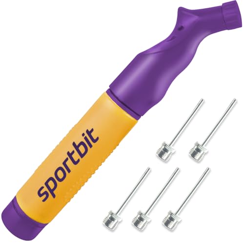 SPORTBIT Ball Pump for Sports Balls - Push & Pull Inflating System - Hand Pump for Exercise Balls - Volleyball Pump, Basketball Inflator, Ball Air Pump - Goes with 5 Needles Set - color: PURPLE & GOLD
