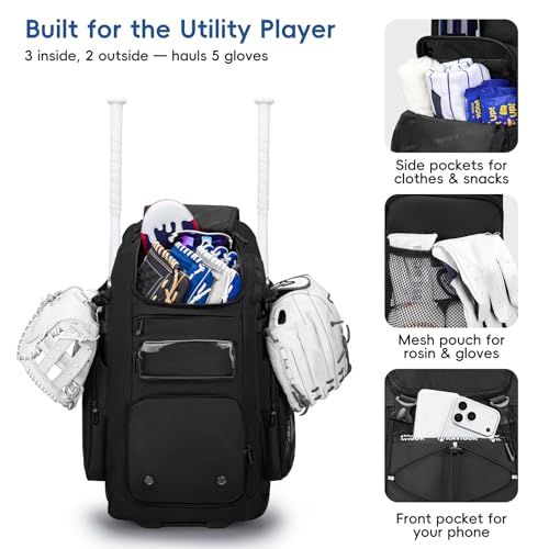 KAVIGOR 80L Rolling Baseball & Softball Bag for Youth & Adult, Holds 3 Gloves & 4 Bats, Custom Team Panel, Travel Ball Ready - color: Black