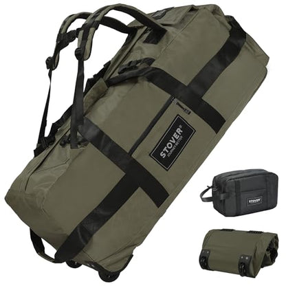 STOVER 45/80/100L Rolling Duffel Bag with Wheels, X-Large Durable Travel Duffle + Toiletry Bag, Heavy Duty, Packable with Shoulder Straps- Use as Luggage or Backpack, Men/Women (Green) - color: Green