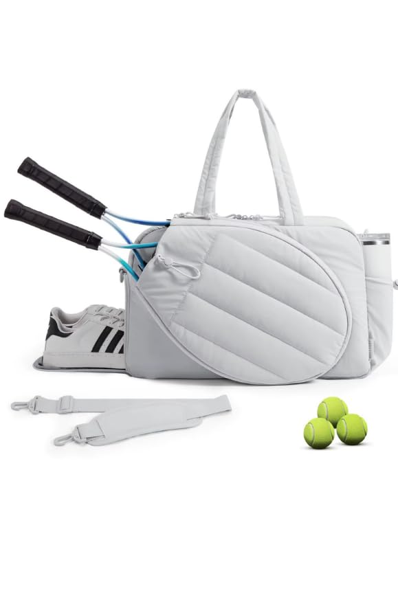 Pickleball,Tennis Racket Bag,Gym Bag for Women,Man. Quilted, Holds 2 Rackets with Shoe Compartment. Sport Bag for Gym, Court, Travel Duffle Bag - color: Light Grey