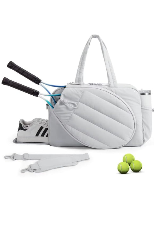Pickleball,Tennis Racket Bag,Gym Bag for Women,Man. Quilted, Holds 2 Rackets with Shoe Compartment. Sport Bag for Gym, Court, Travel Duffle Bag - color: Light Grey