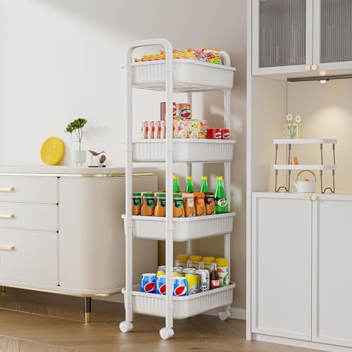 JOYZAN 4 Tier Rolling Carts with Wheels, Utility Cart with Handle and Locking Caster, Storage Cart for Kitchen, Office, Bedroom, Suitable for Diaper, Art Tools, Snack, Craft Storage Cabinet, White
