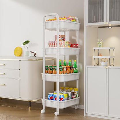 JOYZAN 4 Tier Rolling Carts with Wheels, Utility Cart with Handle and Locking Caster, Storage Cart for Kitchen, Office, Bedroom, Suitable for Diaper, Art Tools, Snack, Craft Storage Cabinet, White