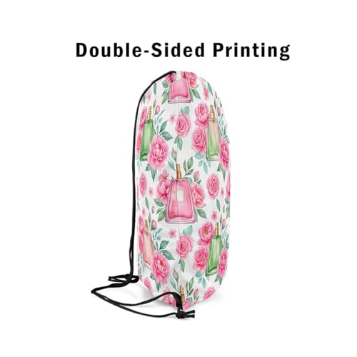 Castle Fairy Pink Flowers Perfume Drawstring Backpack Gym Bag,Beauty Fragrance Cinch Bag,Princess Style Foldable Draw String Back Bags Sports Bags,Pink Green - color: Pink Green