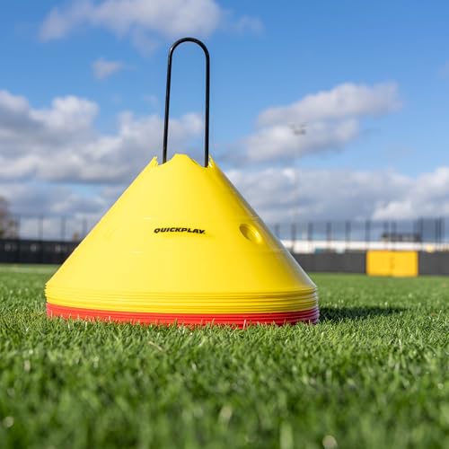 QUICKPLAY Super Cone Speed Markers Set of 16, Heavy Duty Sports Training Cones with Wide Base, 5.5 Inch Height, Portable with Carry Stand, for Soccer Agility Drills