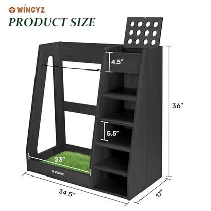 WINGYZ Premium Birch Plywood Golf Bag Storage for 2 Bags | 36lb Rock-Solid Golf Bag Organizer | 7-Shelf Command Center | Artificial Turf 12-Ball Display | No Wall Mounting Required (Black) - color: Black