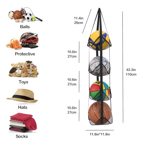 Black Hanging Sports Ball Organizer Bag | Mesh Wall Mount Storage for Basketball, Football, Soccer, Volleyball | Garage & Home Equipment Storage Solution