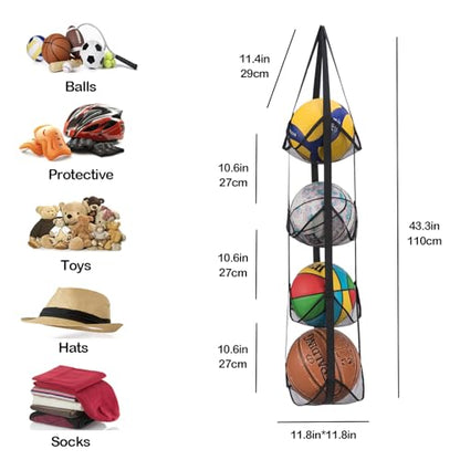 Black Hanging Sports Ball Organizer Bag | Mesh Wall Mount Storage for Basketball, Football, Soccer, Volleyball | Garage & Home Equipment Storage Solution
