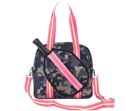 Pickleball Sports Tote Bag with Racket Holder, Neoprene, Adjustable Shoulder Strap - color: Green Camouflage