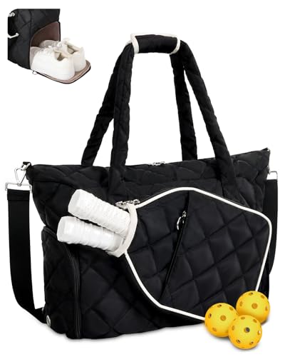 ESTARER Pickleball Tote Bag for Women with Shoe Compartment Large Pickleball Paddle Storage & Fence Hook - color: Black