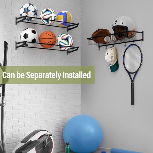 BTY Ball Holder Wall Mount Garage Sports Equipment Organizer 3 Separate Wall Ball Storage Rack with 6 Hooks for Basketball Football Soccer Volleyball
