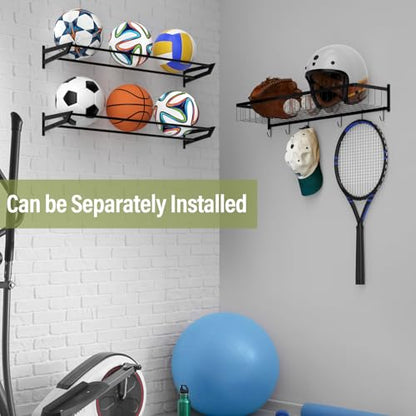 BTY Ball Holder Wall Mount Garage Sports Equipment Organizer 3 Separate Wall Ball Storage Rack with 6 Hooks for Basketball Football Soccer Volleyball