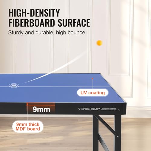 VEVOR Ping Pong Table, Mid-Size Table Tennis Game, Indoor MDF Table Tennis Table, Foldable Portable Complete Ping Pong Table Set with Net, 2 Paddles, 3 Balls, Carry Bag, Handle (No Assembly Required)