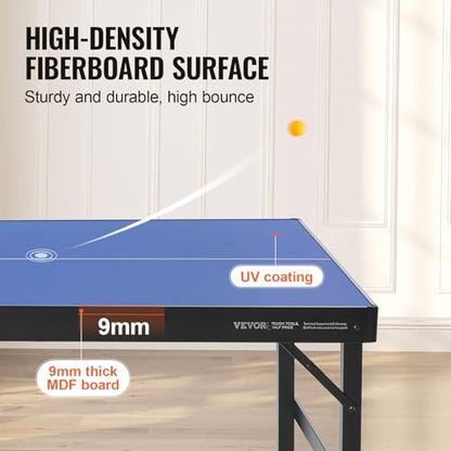 VEVOR Ping Pong Table, Mid-Size Table Tennis Game, Indoor MDF Table Tennis Table, Foldable Portable Complete Ping Pong Table Set with Net, 2 Paddles, 3 Balls, Carry Bag, Handle (No Assembly Required)