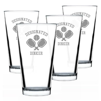 Bevvee Designated Dinker - Pint Glass for Beer - Funny Pickleball Themed Decor and Gifts - Set of 4-16 oz Glasses - style: Set of 4
