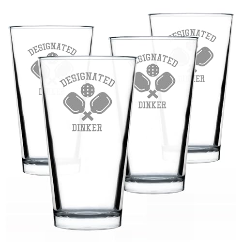 Bevvee Designated Dinker - Pint Glass for Beer - Funny Pickleball Themed Decor and Gifts - Set of 4-16 oz Glasses - style: Set of 4