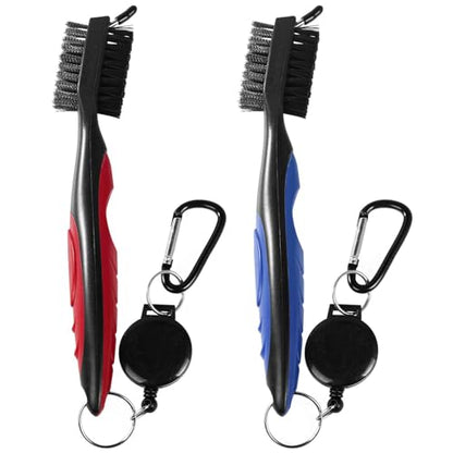 OBTANIM 2 Pack Golf Club Brush Groove Cleaner Tools with Retractable Zip-line Aluminum Carabiner for Golf Club Bag Accessories - color: Red and Blue