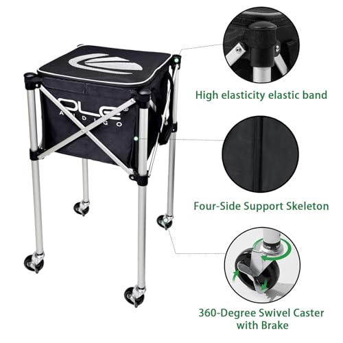 Tennis Ball Hopper Tennis Ball Basket with Side Pockets Lightweight Tennis Ball Cart Holds 160 Balls, Portable Sports Teaching Cart with Wheels for Tennis Player - style: Tennis Ball Cart