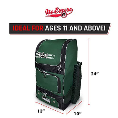 No Errors Top Pick Baseball Backpack for Kids - Heavy Duty Youth Baseball and Softball Bag with Fence Hooks - Dual Glove and Bat Compartments - color: Green