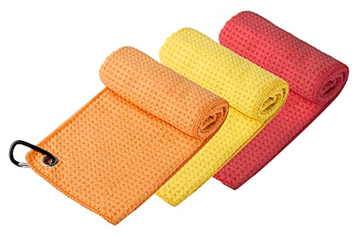 Handy Picks Microfiber Golf Towel (16" X 16") with Carabiner Clip, Waffle Pattern Golf Towel Hook and Loop Fastener - The Convenient Golf Cleaning Towel - color: Red/Yellow/Orange