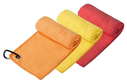 Handy Picks Microfiber Golf Towel (16" X 16") with Carabiner Clip, Waffle Pattern Golf Towel Hook and Loop Fastener - The Convenient Golf Cleaning Towel - color: Red/Yellow/Orange