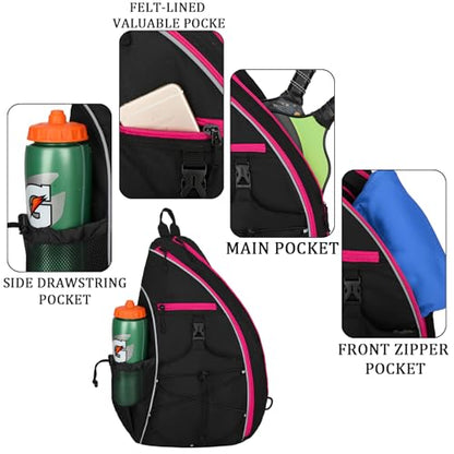 Goloni Pickleball Sling Bag for Men Women, Lightweight Pickleball Backpack with Fence Hook - color: Black Rose