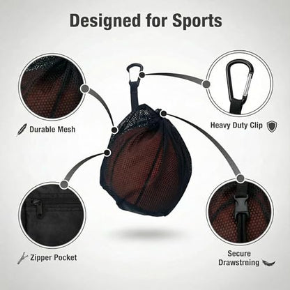 2-3-4 Pack Single Ball Bag for Basketball Soccer Volleyball,12x10 Inch Mesh Storage with Zipper Pocket,Portable Adjustable Drawstring Ball Bag with Hanging Clip Fits Most Backpacks - color: Black-2P