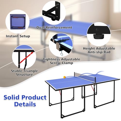 4.5/6ft/9ft Mid-Size Portable Ping Pong Tables Set, Foldable Table Tennis Table with Net,2 Paddles & 3 Balls, Multi-Use Free Standing Ping Pong Table for Indoor/Outdoor