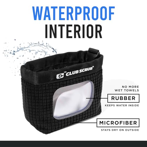 Club Scrub Golf Club and Golf Ball Cleaning Bag, Waterproof Clean Face Technology Liner, Detachable Clip, Machine Washable, Cleans Club Grooves, Dry Exterior (Neoprene or Microfiber Option Available) - color: Black, style: Microfiber Pro